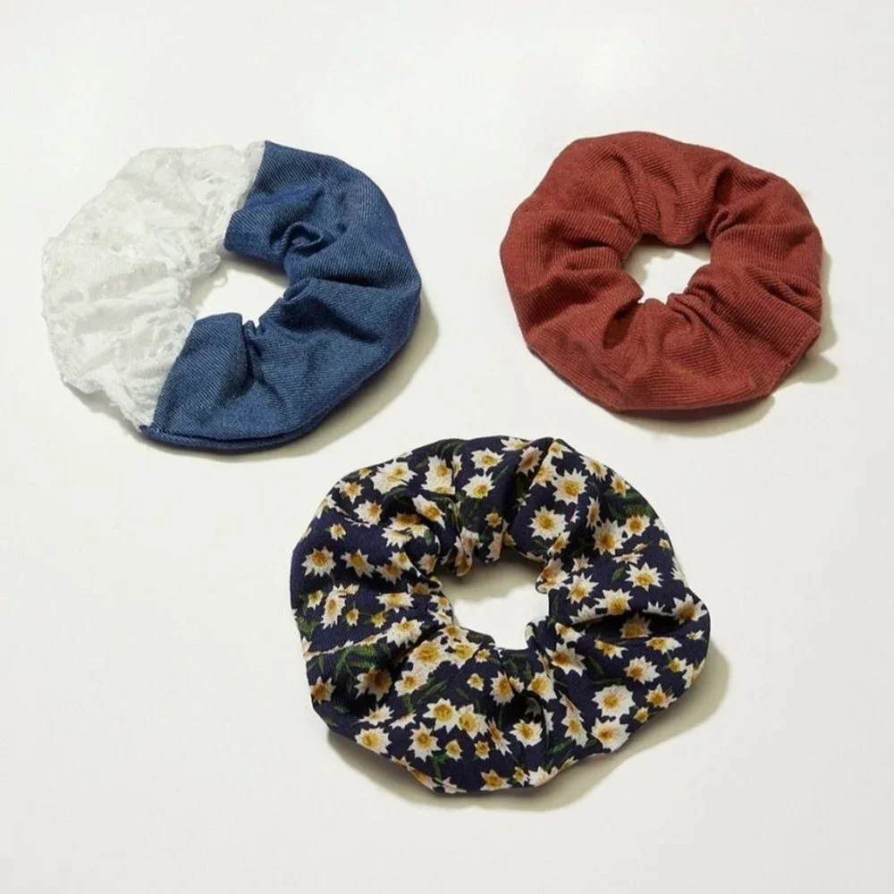 NWT LUCKY‎ BRAND Denim & Floral Scrunchie Set of 3